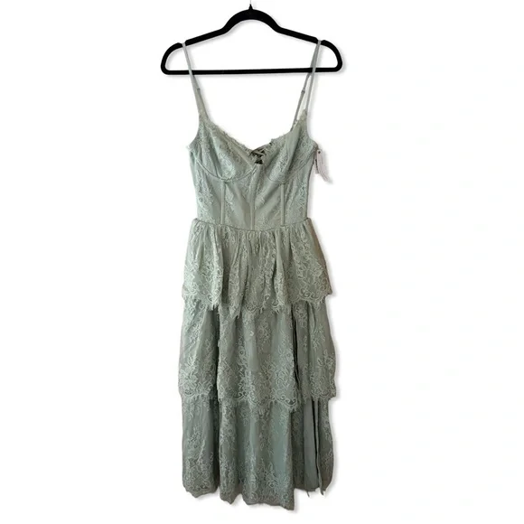 V. Chapman Mia Dress Sage Lace Tiered Midi Dress corset bustier Green Revolve 4 - Picture 3 of 10